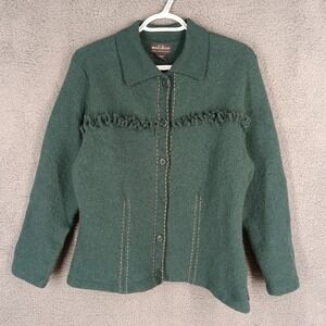 Woolrich Women's XL Vintage Wool Jacket‎ Lambswool Fringe Trim Button Up Green